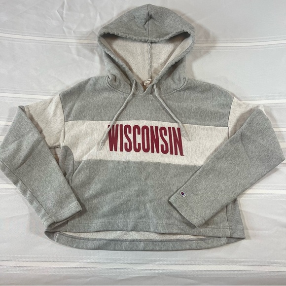 Champion Gray and White Crop Wisconsin Hoodie size medium - Picture 1 of 9